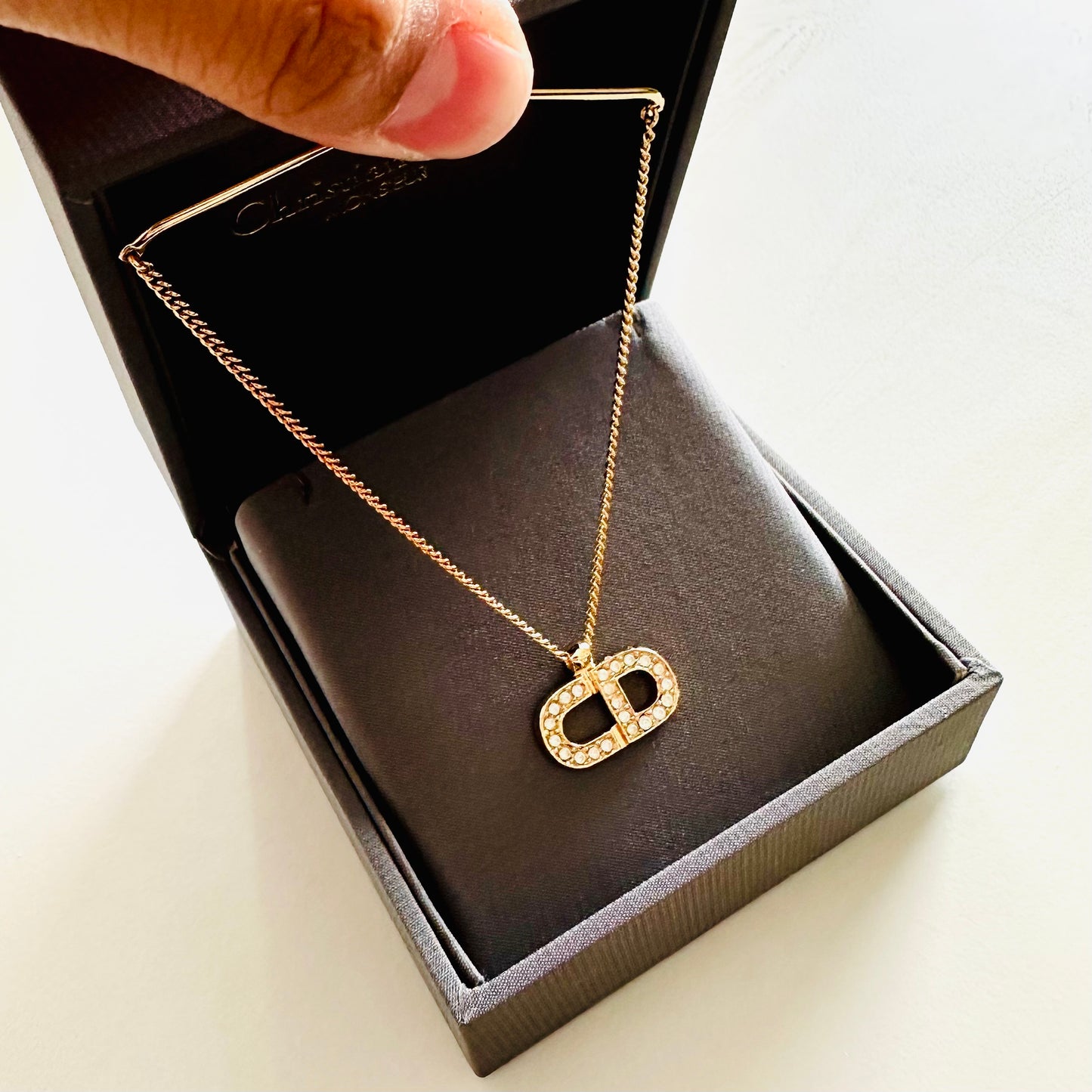 Christian Dior CD Gold Monogram Logo Signature Crystals Hanging Charm Chain