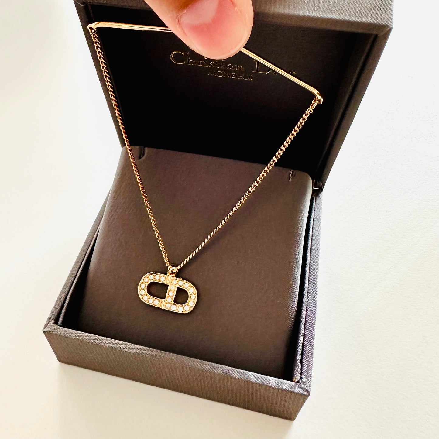 Christian Dior CD Gold Monogram Logo Signature Crystals Hanging Charm Chain