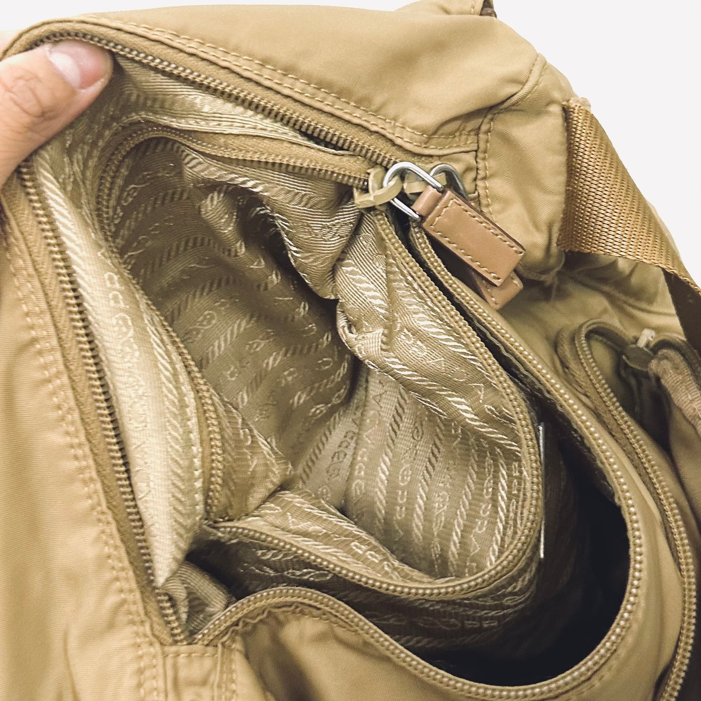 Prada Taupe Tessuto Classic Monogram Logo Nylon & Leather Flap Shoulder Sling Bag