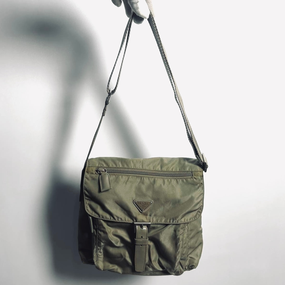 Prada Sage Green Khaki Tessuto Monogram Logo Nylon & Leather Flap Shoulder Sling Bag