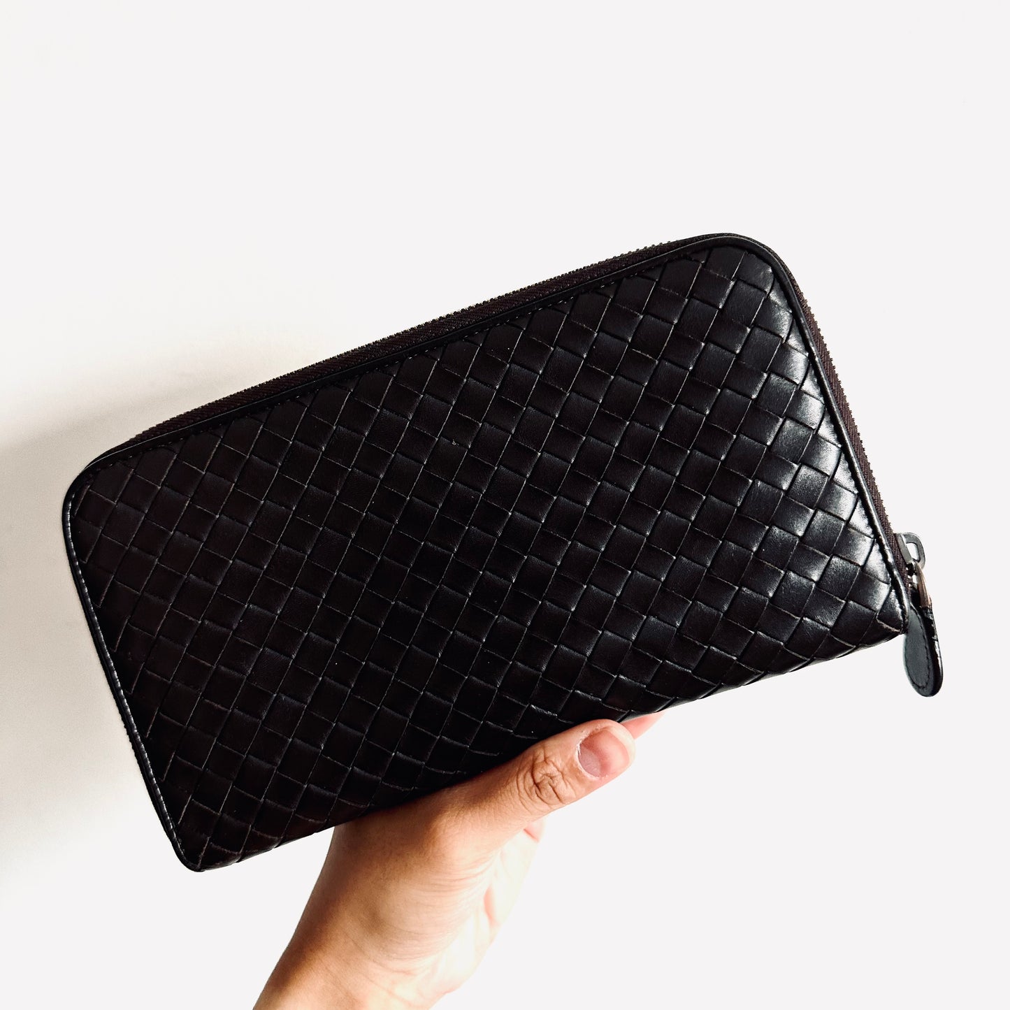 Bottega Veneta BV Dark Brown Continental Intrecciato Nappa Woven Leather Zip Around Zippy Long Wallet