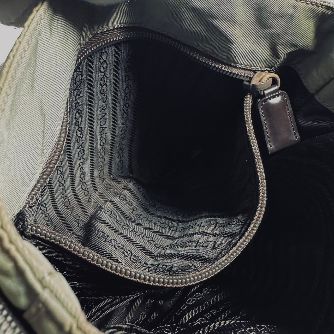 Prada Sage Green Khaki Tessuto Monogram Logo Nylon & Leather Flap Shoulder Sling Bag