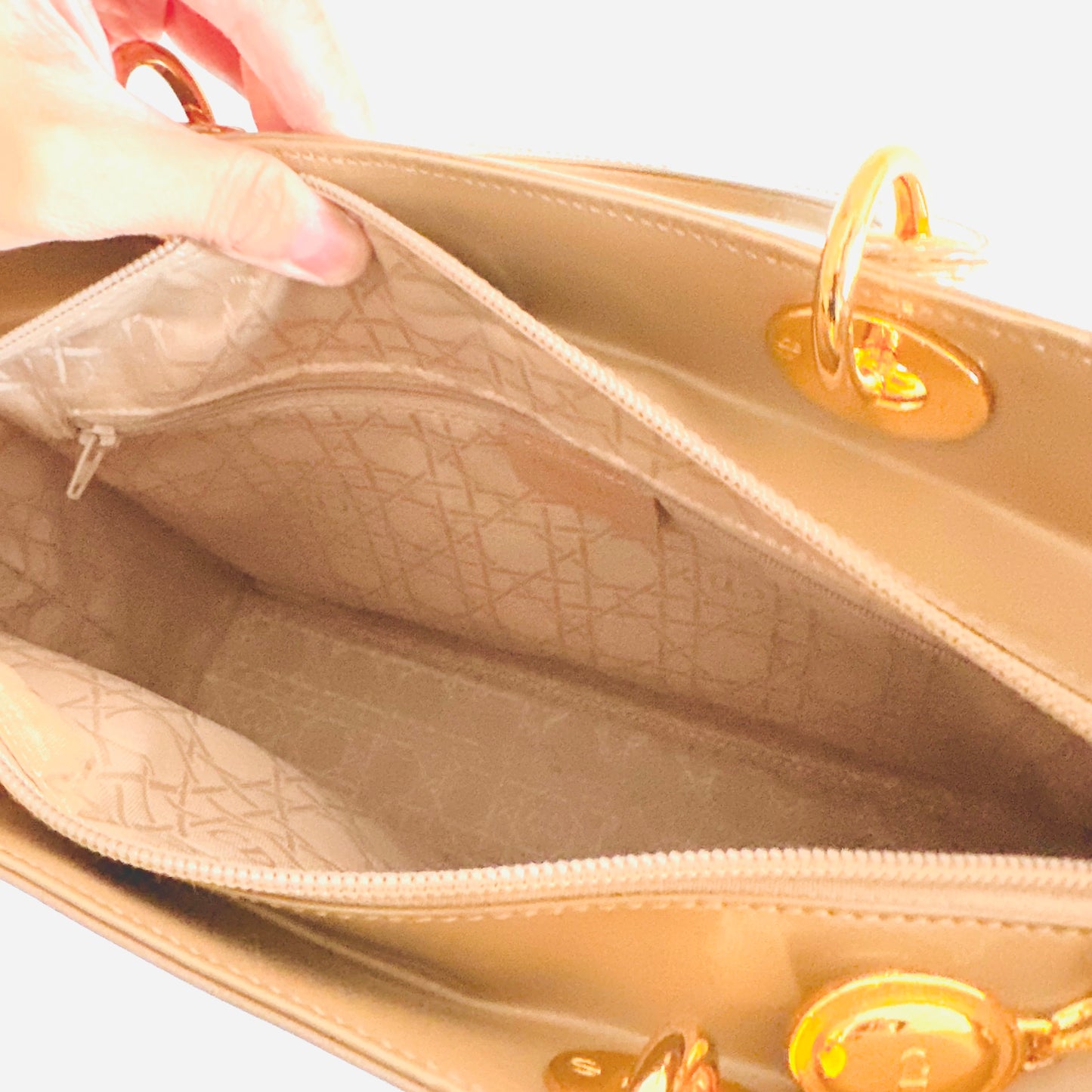 Christian Dior CD Beige GHW Large Lady Dior Patent Leather Shoulder Sling Top Handle Vintage Bag