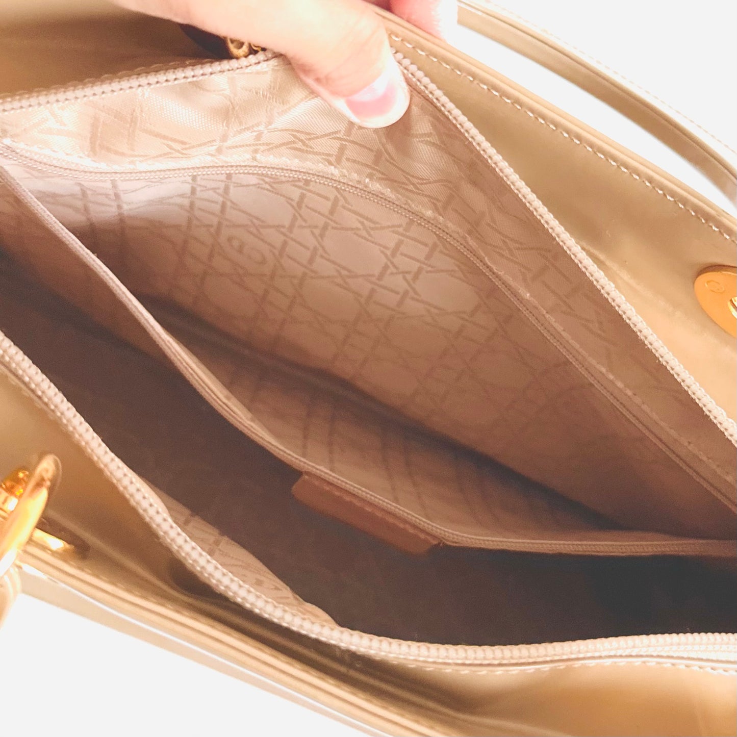 Christian Dior CD Beige GHW Large Lady Dior Patent Leather Shoulder Sling Top Handle Vintage Bag