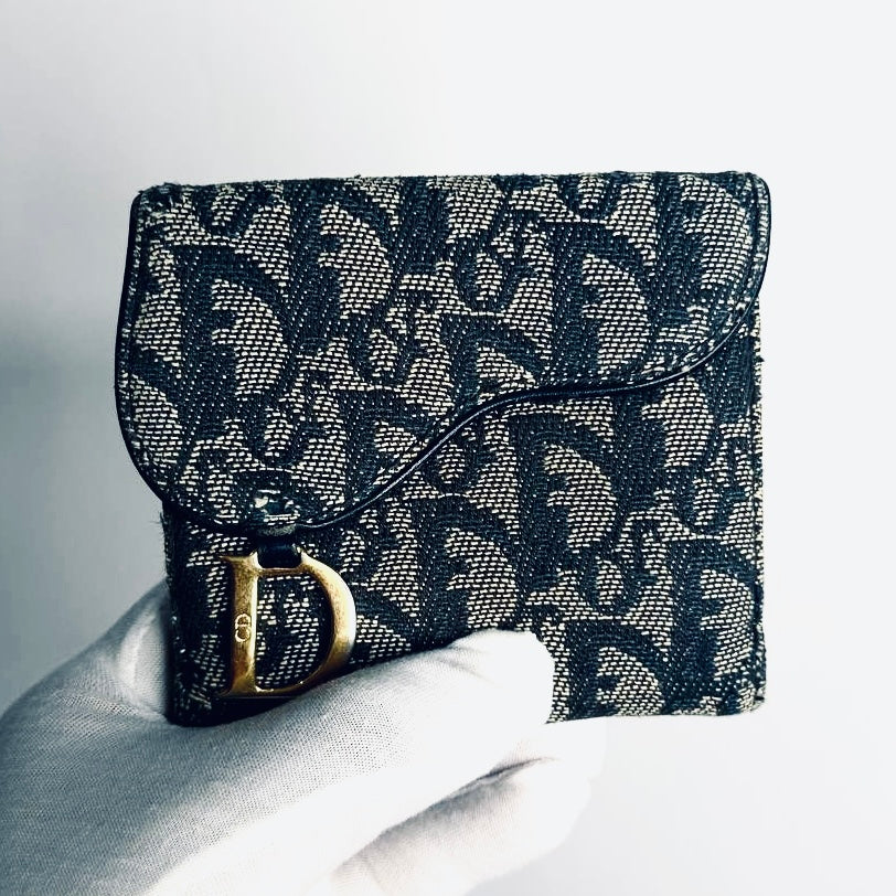 Christian Dior CD Saddle Dark Navy Blue GHW Oblique Monogram Logo Vintage Bifold Compact Wallet