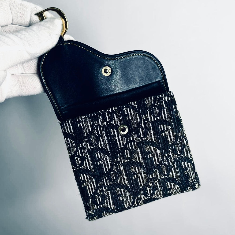 Christian Dior CD Saddle Dark Navy Blue GHW Oblique Monogram Logo Vintage Bifold Compact Wallet