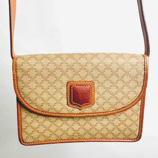 Celine Beige Triomphe Macadam Monogram Logo Vintage Small Oval Flap Shoulder Sling Bag
