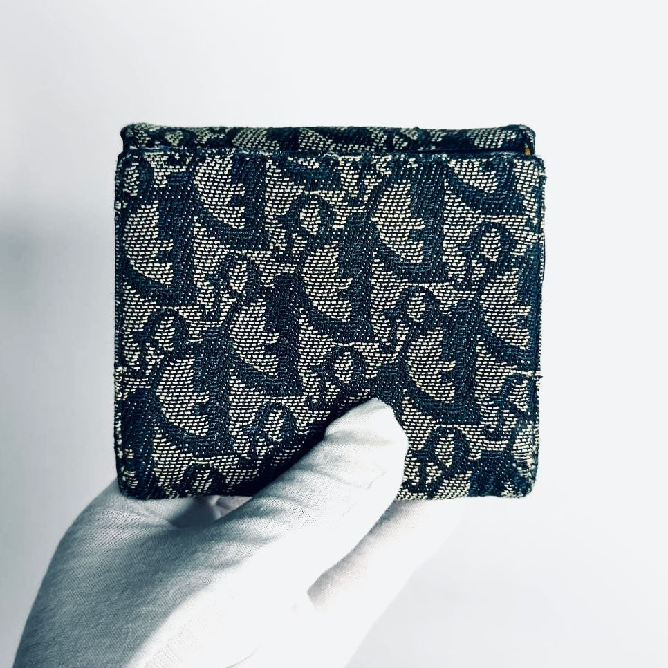 Christian Dior CD Saddle Dark Navy Blue GHW Oblique Monogram Logo Vintage Bifold Compact Wallet