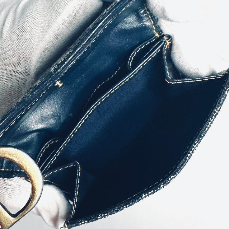 Christian Dior CD Saddle Dark Navy Blue GHW Oblique Monogram Logo Vintage Bifold Compact Wallet