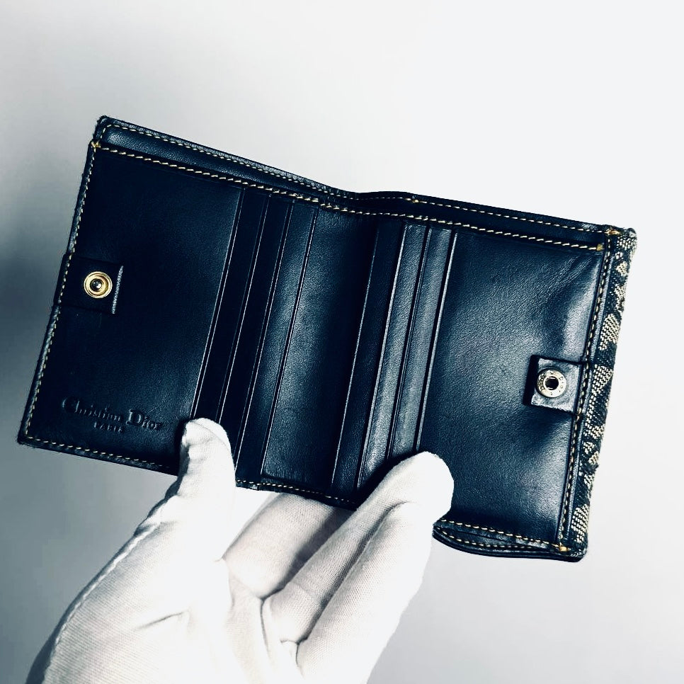 Christian Dior CD Saddle Dark Navy Blue GHW Oblique Monogram Logo Vintage Bifold Compact Wallet