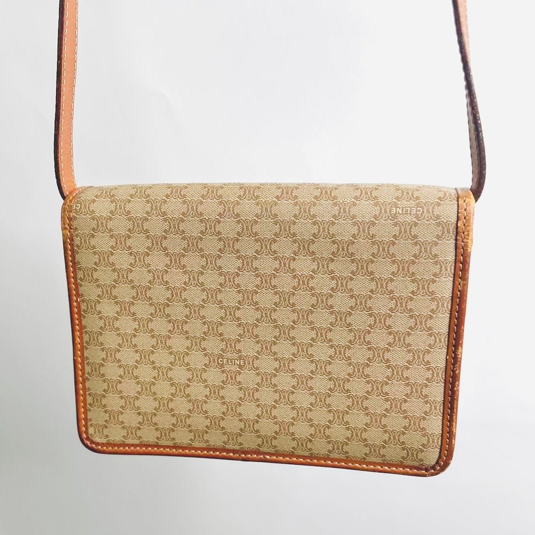 Celine Beige Triomphe Macadam Monogram Logo Vintage Small Oval Flap Shoulder Sling Bag