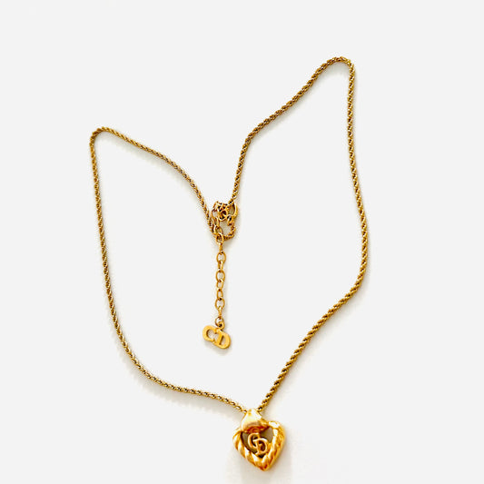 Christian Dior CD Gold Spiral Heart Monogram Logo Classic Vintage Necklace