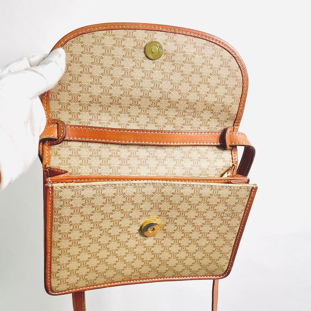 Celine Beige Triomphe Macadam Monogram Logo Vintage Small Oval Flap Shoulder Sling Bag