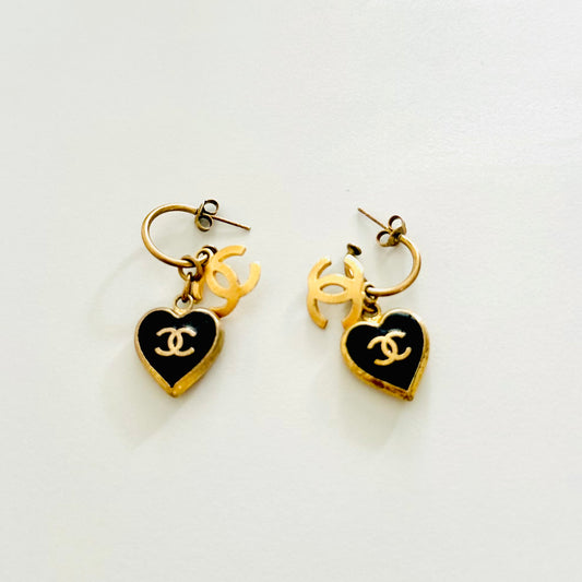 Chanel Giant CC Signature Monogram Logo Classic Gold & Heart Stud Vintage Earrings