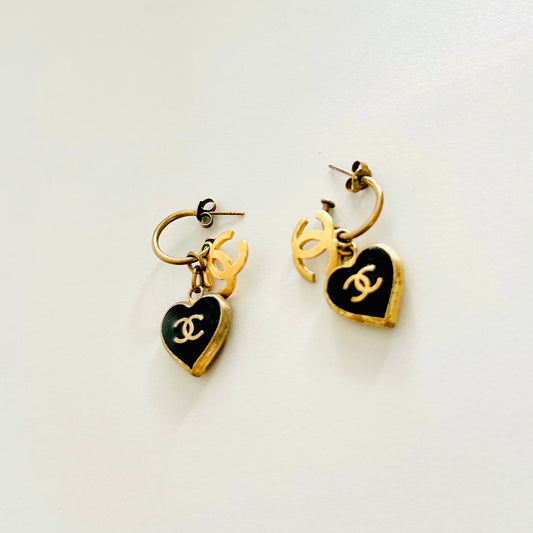 Chanel Giant CC Signature Monogram Logo Classic Gold & Heart Stud Vintage Earrings