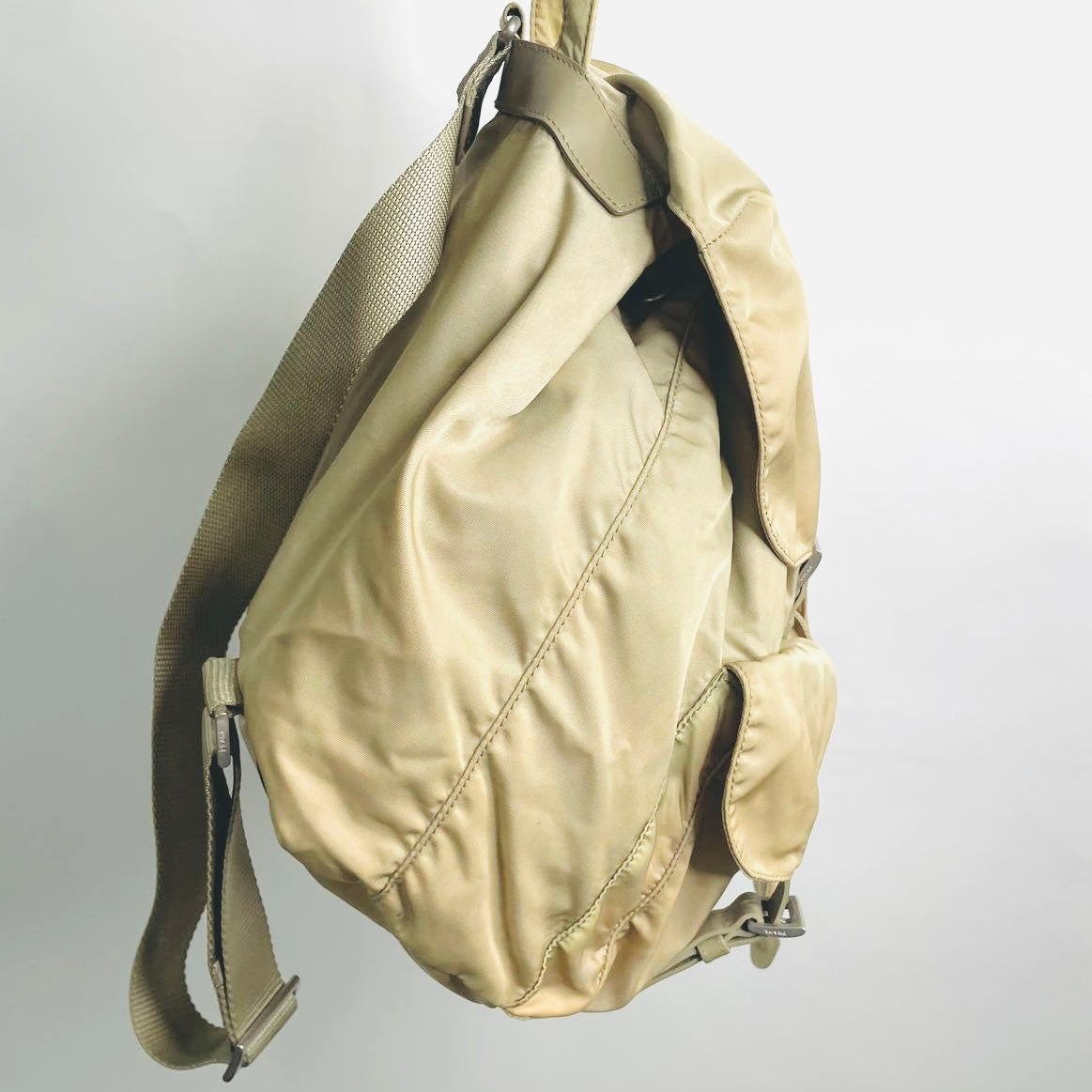 Prada Taupe Beige Classic Logo Nylon & Leather Backpack Flap Drawstring Bag