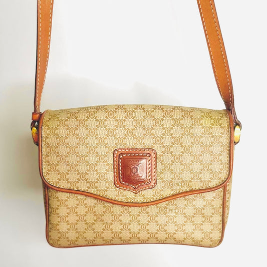 Celine Beige Triomphe Macadam Monogram Logo GHW Vintage Small Flap Shoulder Sling Bag