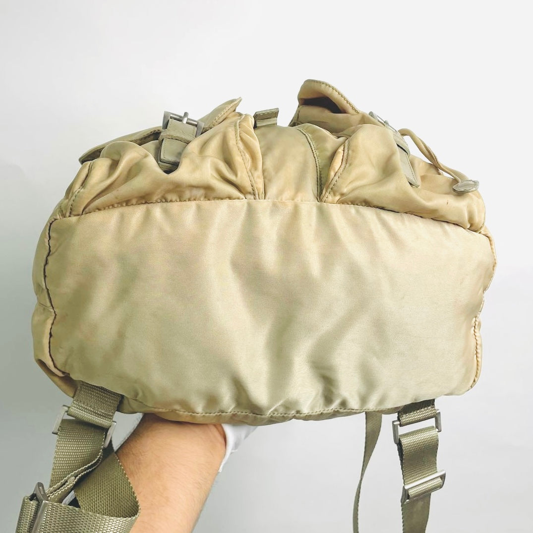 Prada Taupe Beige Classic Logo Nylon & Leather Backpack Flap Drawstring Bag
