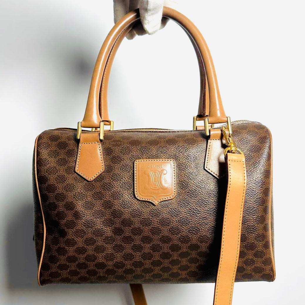 Celine Triomphe Macadam Monogram Logo GHW Boston Speedy 25 Bandouliere Shoulder Sling Top Handle Vintage Bag