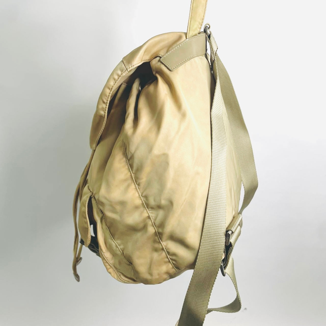Prada Taupe Beige Classic Logo Nylon & Leather Backpack Flap Drawstring Bag