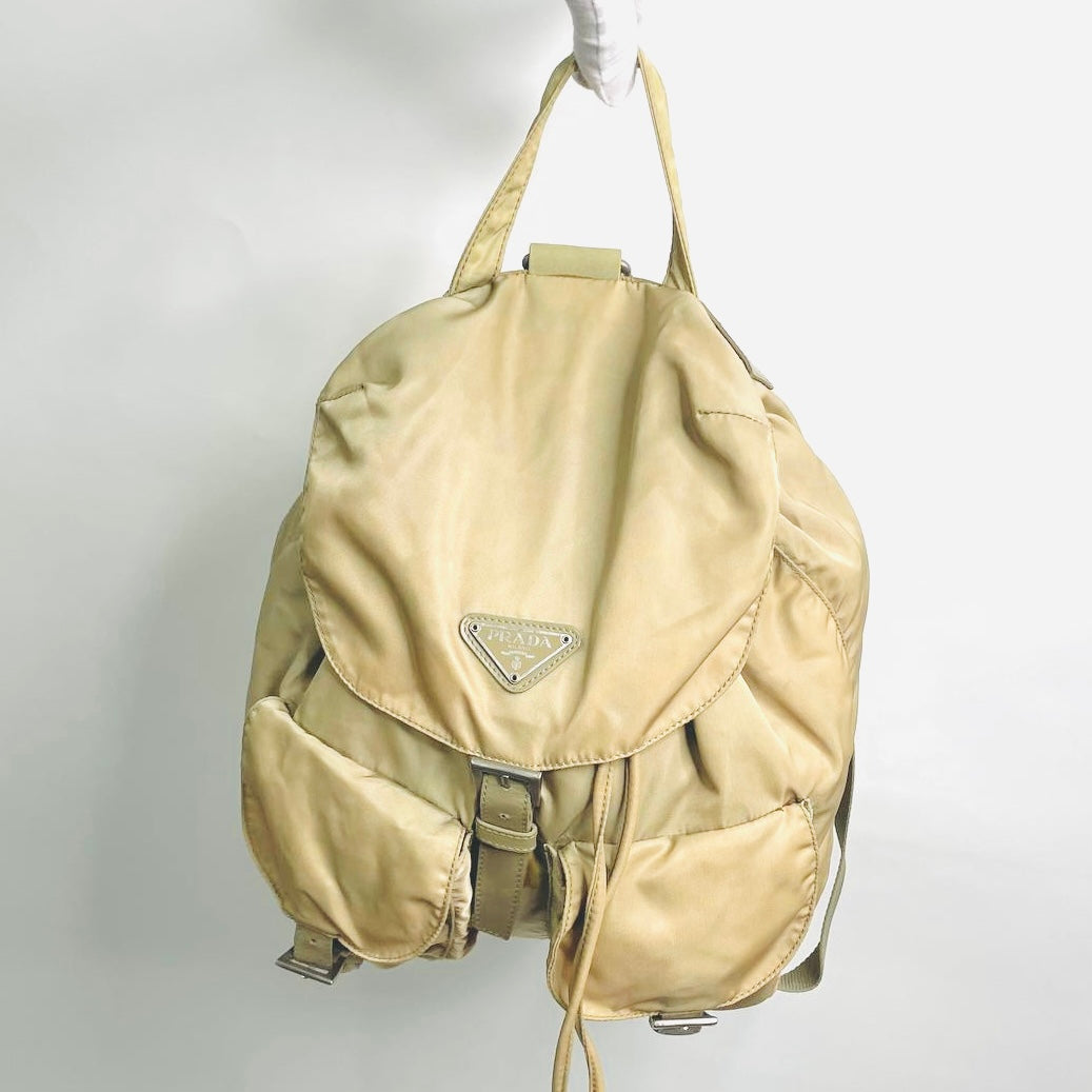 Prada Taupe Beige Classic Logo Nylon & Leather Backpack Flap Drawstring Bag