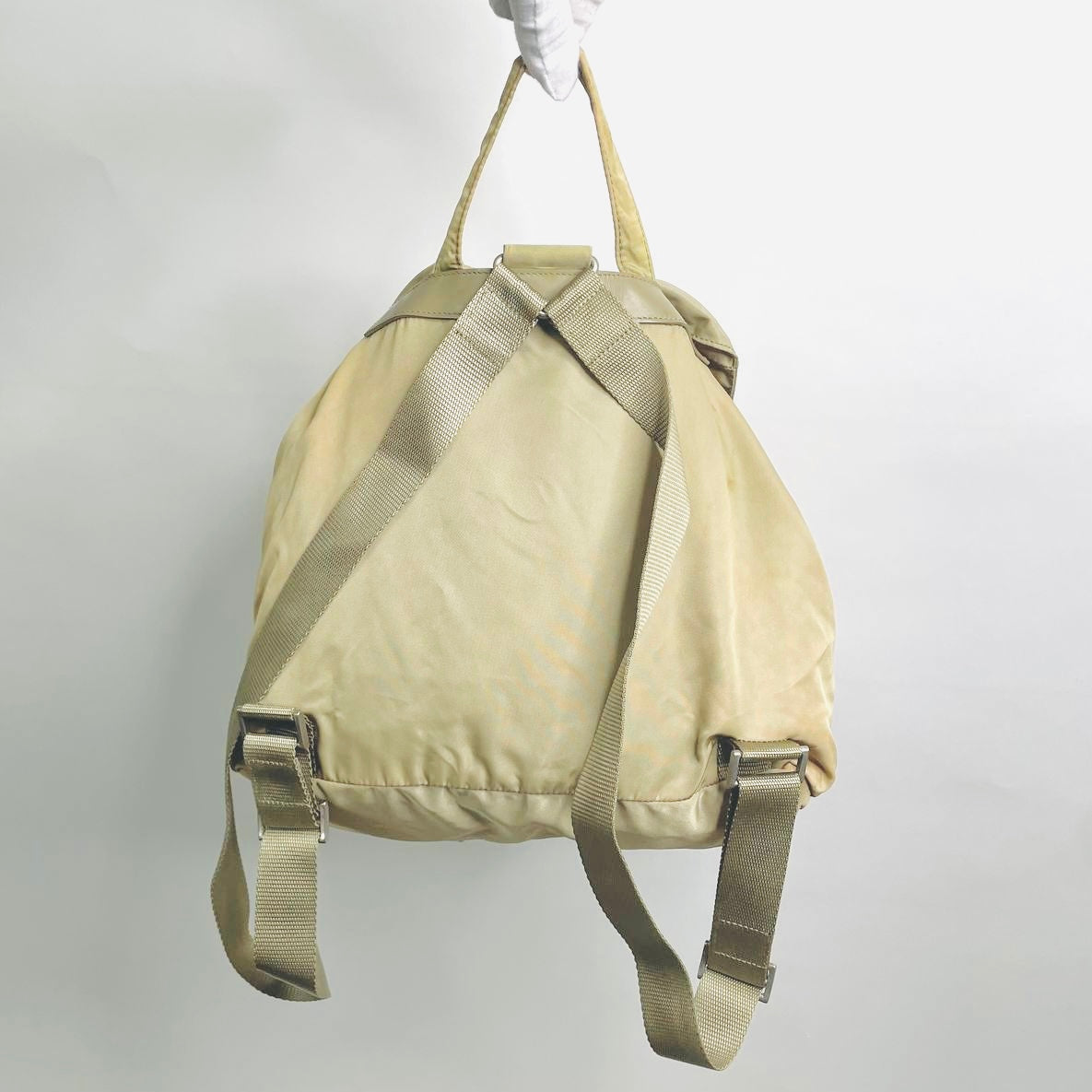 Prada Taupe Beige Classic Logo Nylon & Leather Backpack Flap Drawstring Bag