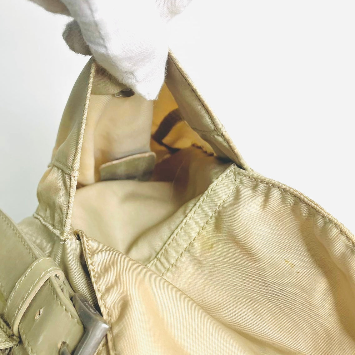Prada Taupe Beige Classic Logo Nylon & Leather Backpack Flap Drawstring Bag