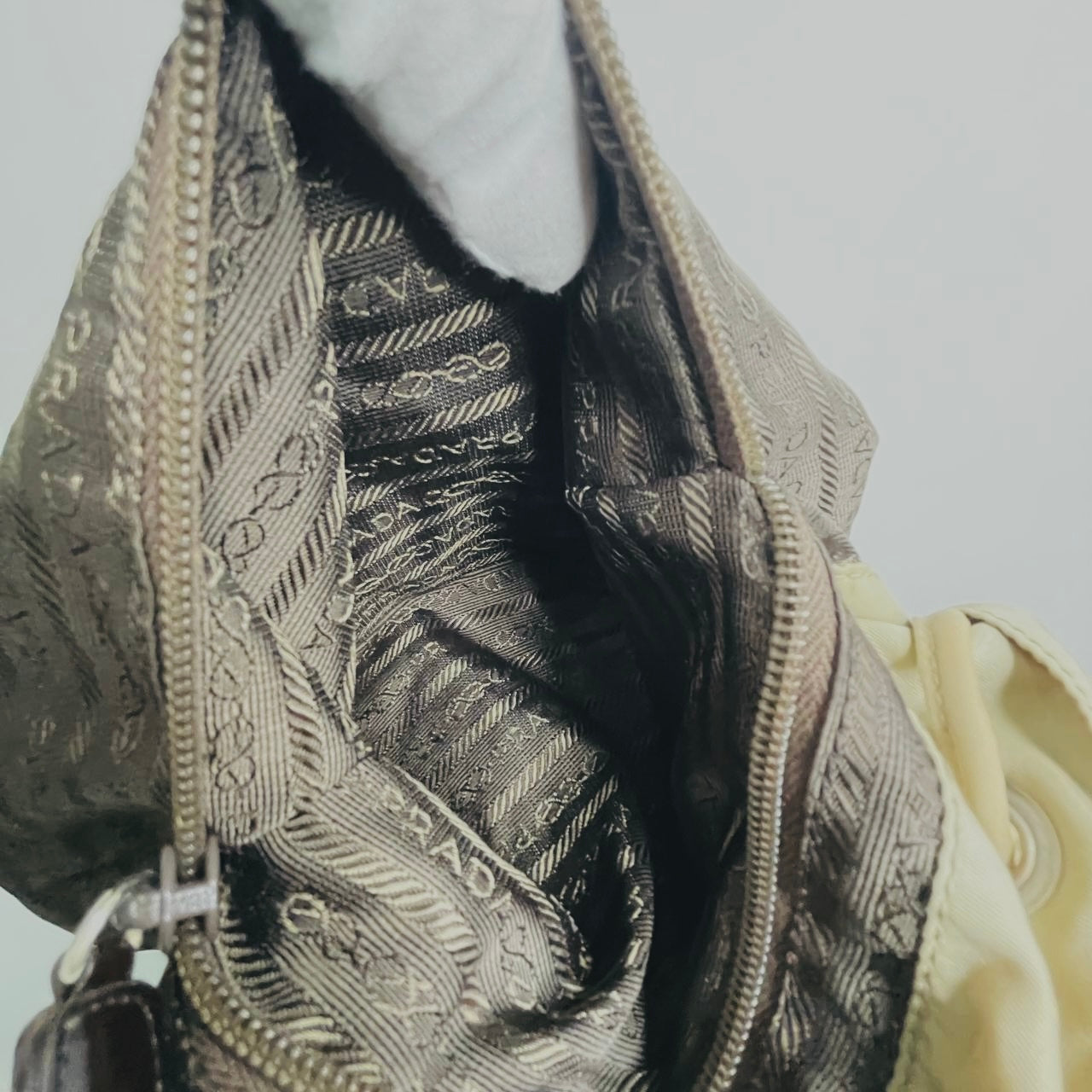 Prada Taupe Beige Classic Logo Nylon & Leather Backpack Flap Drawstring Bag