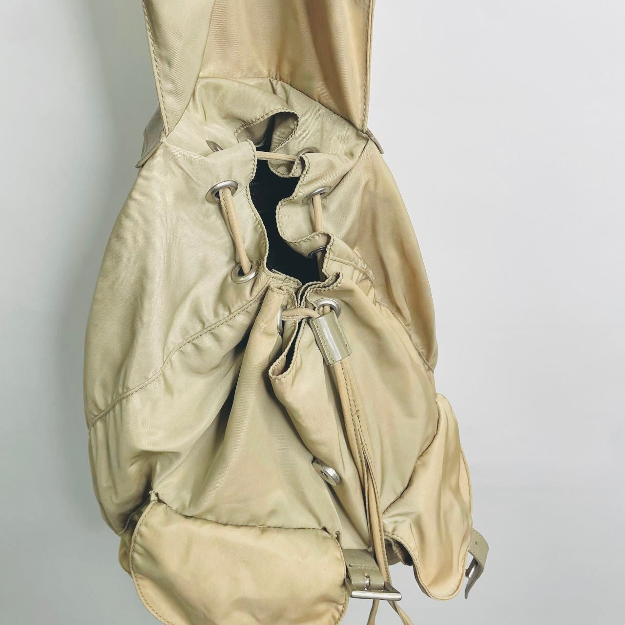 Prada Taupe Beige Classic Logo Nylon & Leather Backpack Flap Drawstring Bag