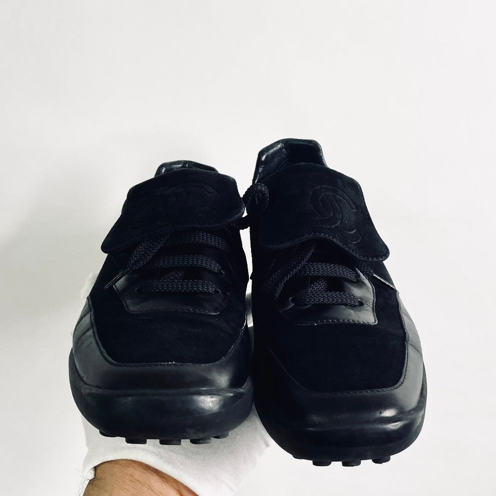 Chanel Black Classic Giant CC Logo Suede & Leather Lace Up Sneakers Shoes