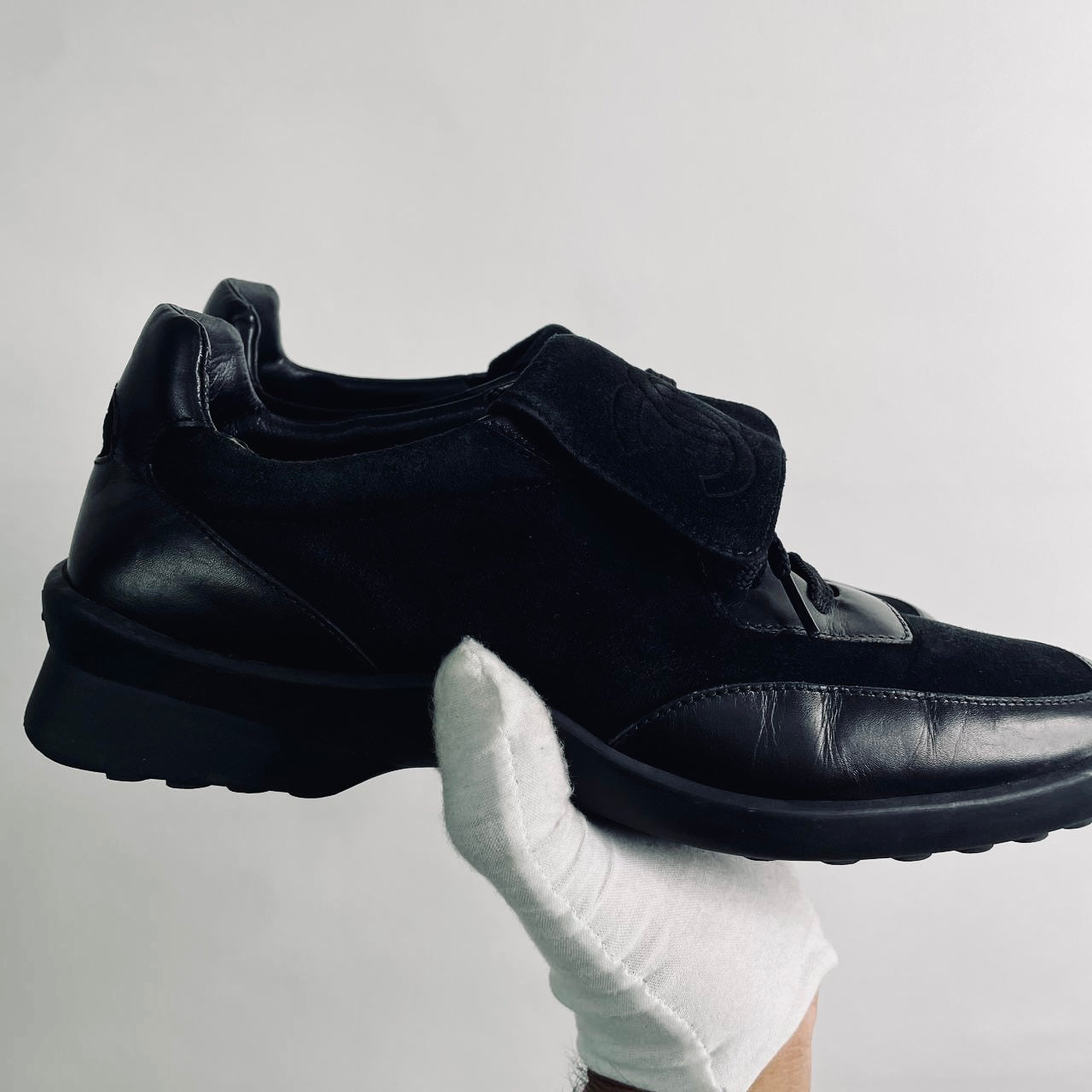 Chanel Black Classic Giant CC Logo Suede & Leather Lace Up Sneakers Shoes