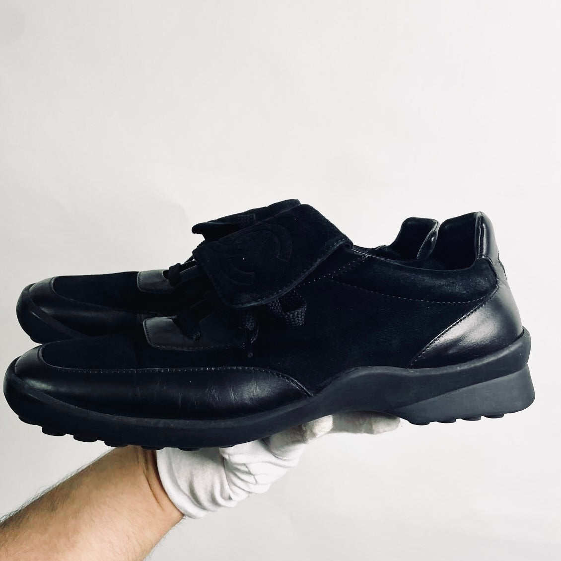 Chanel Black Classic Giant CC Logo Suede & Leather Lace Up Sneakers Shoes