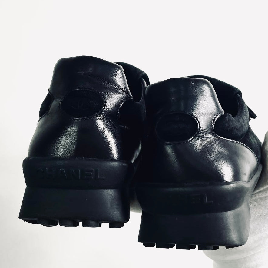 Chanel Black Classic Giant CC Logo Suede & Leather Lace Up Sneakers Shoes