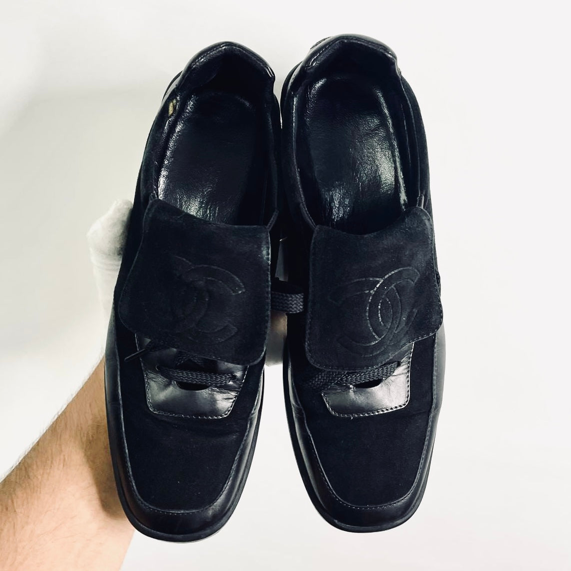 Chanel Black Classic Giant CC Logo Suede & Leather Lace Up Sneakers Shoes