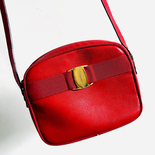 Salvatore Ferragamo Vara Bow Cherry Red GHW Camera Embossed Leather Shoulder Sling Bag