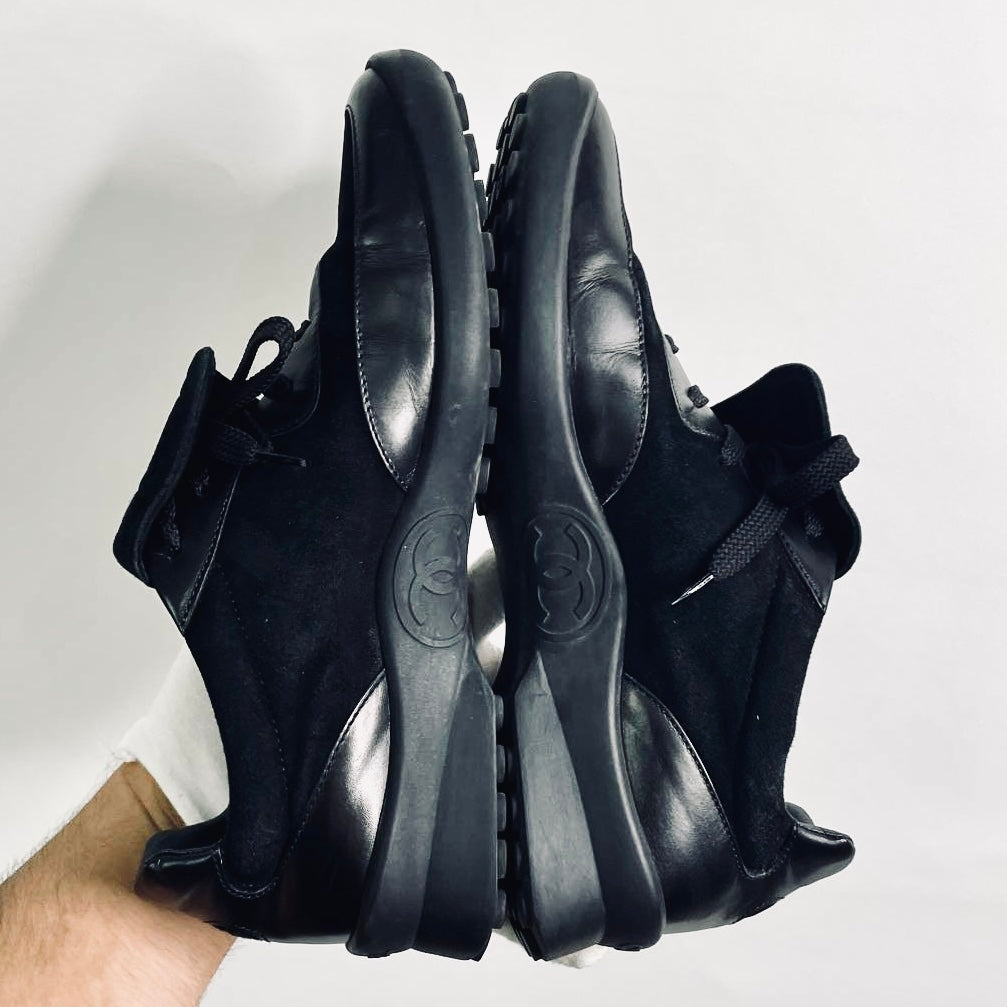 Chanel Black Classic Giant CC Logo Suede & Leather Lace Up Sneakers Shoes