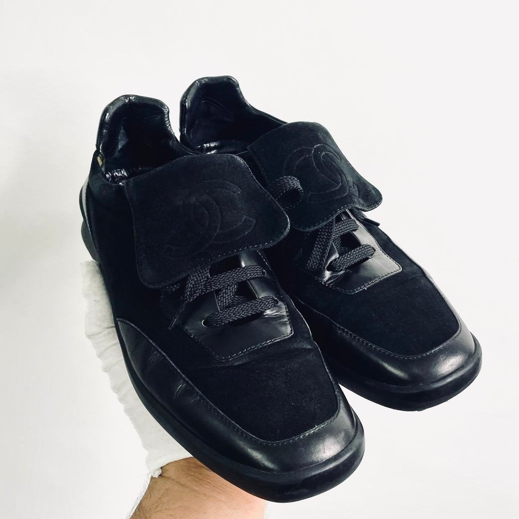 Chanel Black Classic Giant CC Logo Suede & Leather Lace Up Sneakers Shoes
