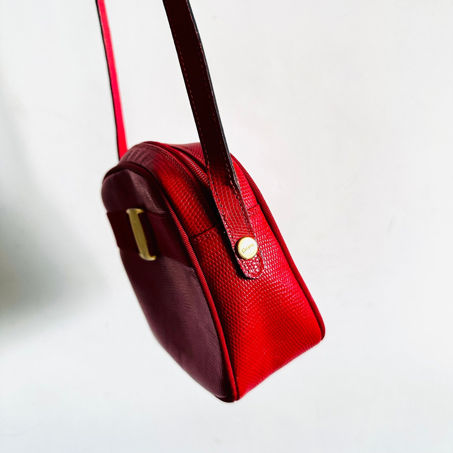 Salvatore Ferragamo Vara Bow Cherry Red GHW Camera Embossed Leather Shoulder Sling Bag