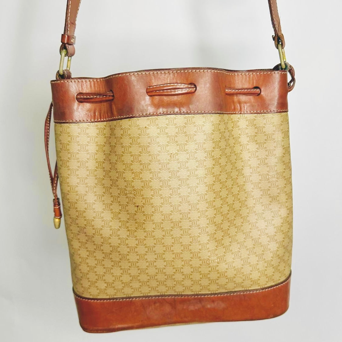 Celine Beige GHW Triomphe Macadam Monogram Logo Vintage Bucket Drawstring Shoulder Sling Bag With Pouch