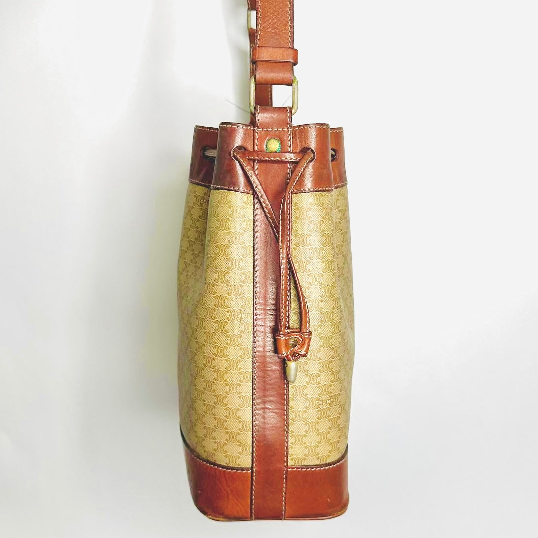 Celine Beige GHW Triomphe Macadam Monogram Logo Vintage Bucket Drawstring Shoulder Sling Bag With Pouch