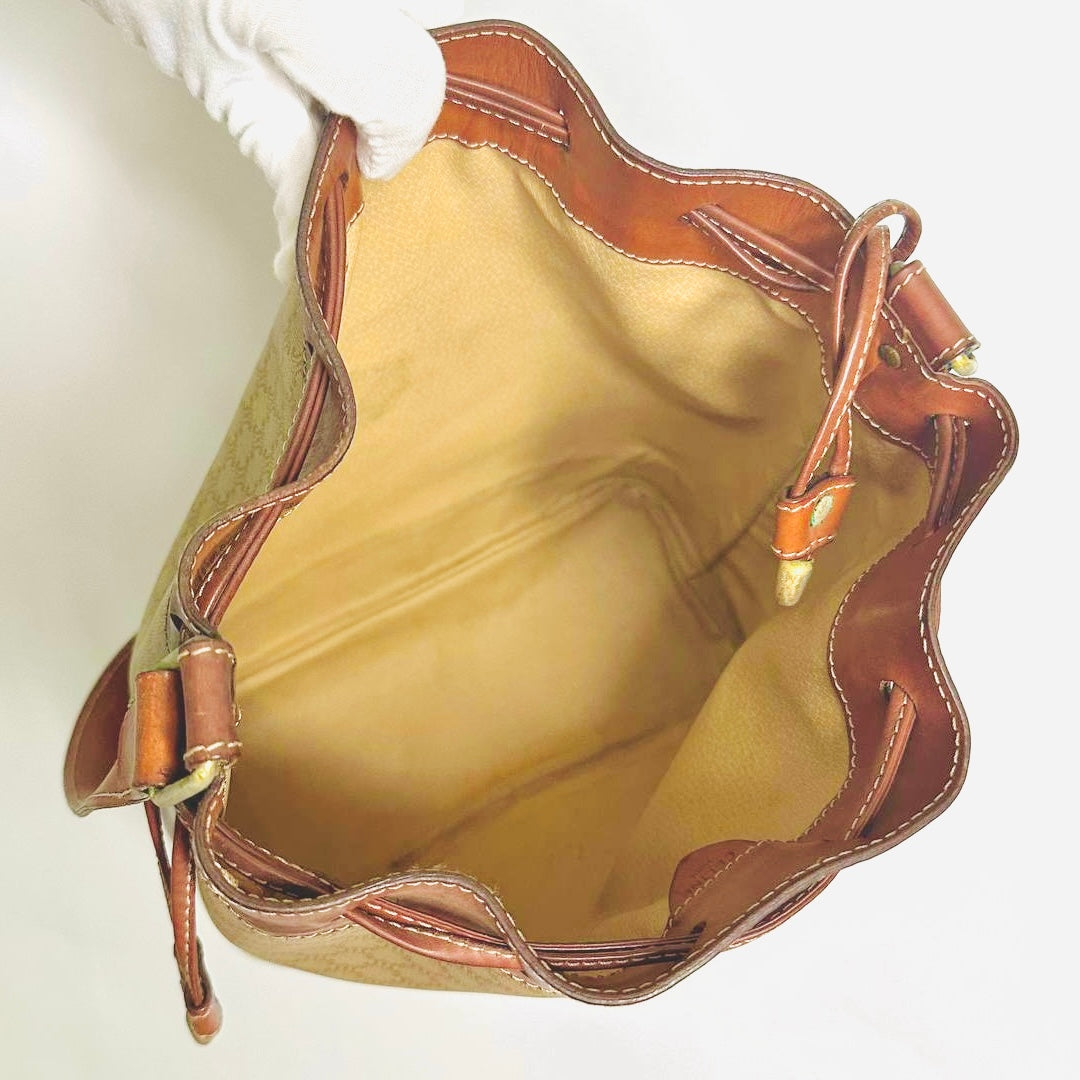 Celine Beige GHW Triomphe Macadam Monogram Logo Vintage Bucket Drawstring Shoulder Sling Bag With Pouch