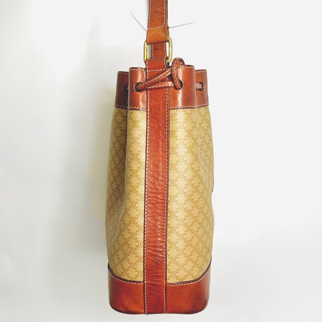 Celine Beige GHW Triomphe Macadam Monogram Logo Vintage Bucket Drawstring Shoulder Sling Bag With Pouch