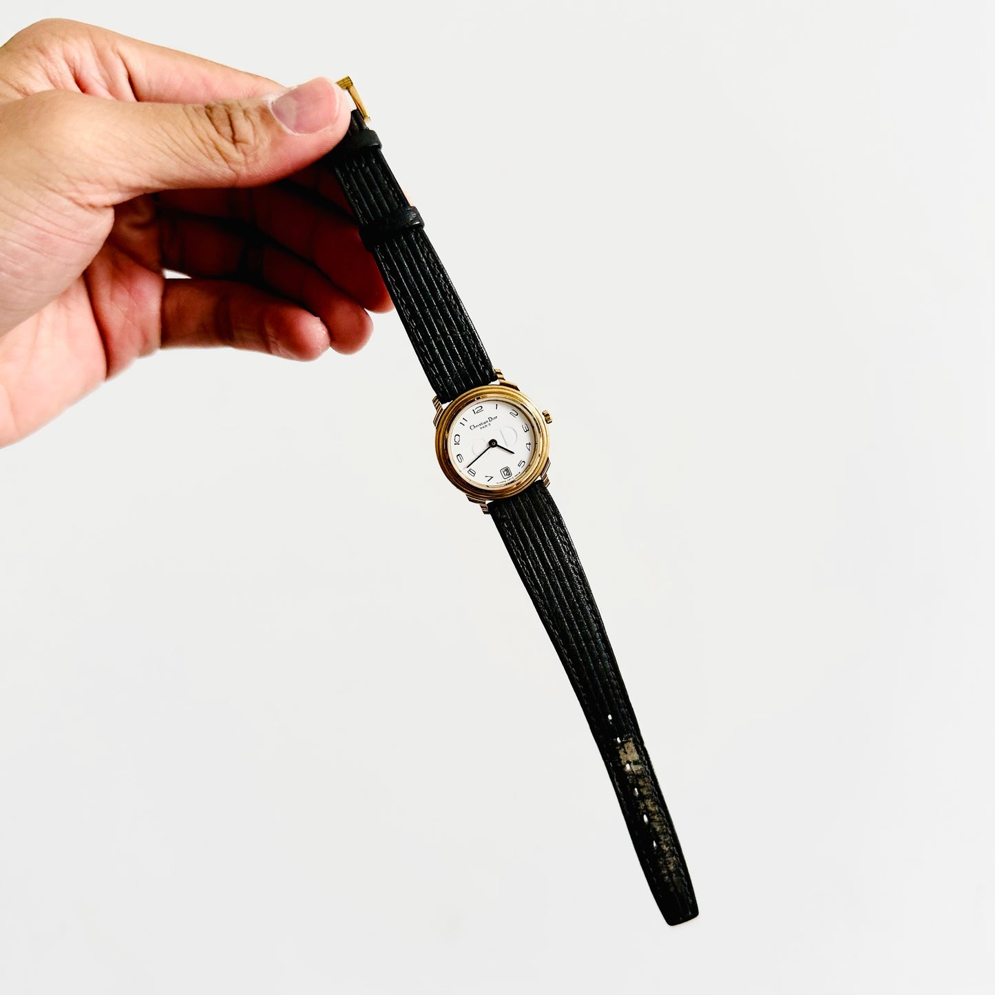 Christian Dior CD White GHW Round Dial Stainless Steel Black Leather Strap 24MM Watch