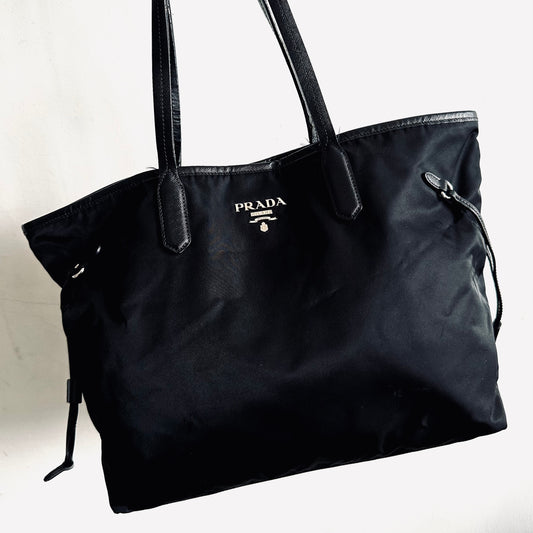 Prada Black Tessuto Classic Logo Nylon & Leather Shopper Shoulder Tote Bag With Side Laces