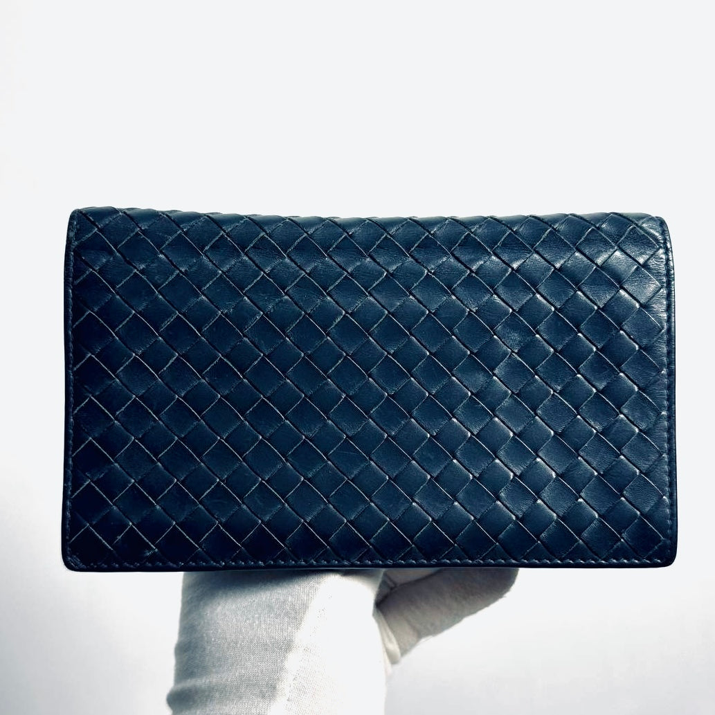 Bottega Veneta BV Navy Blue Intrecciato Nappa Woven Leather Long Flap Bifold Wallet
