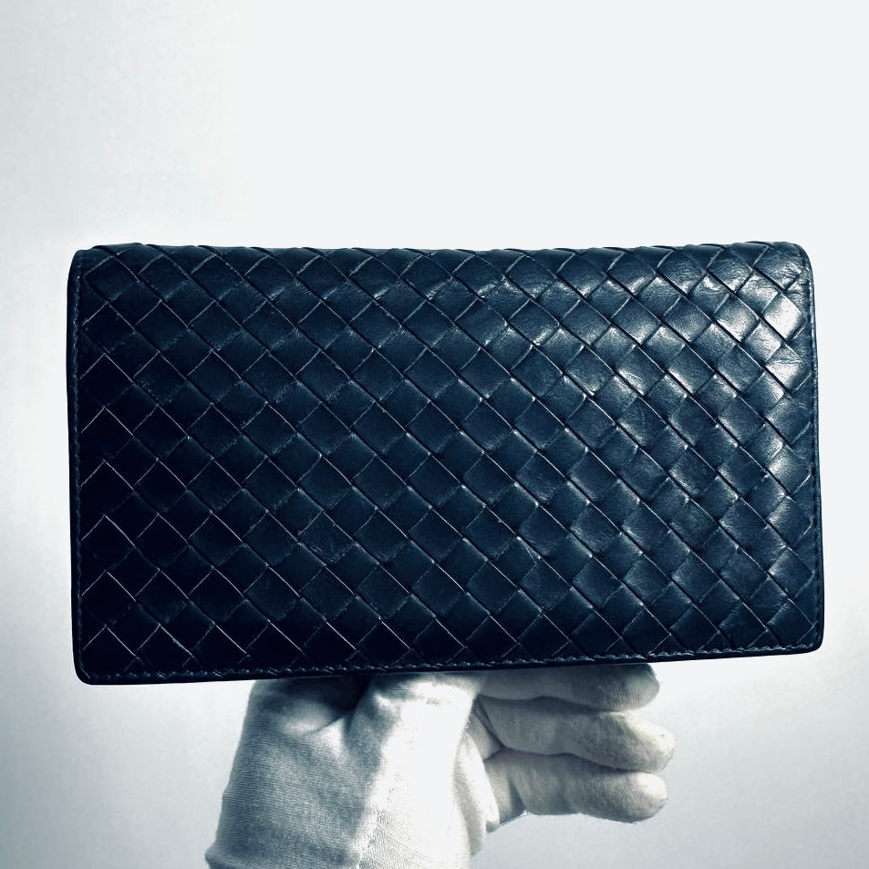 Bottega Veneta BV Navy Blue Intrecciato Nappa Woven Leather Long Flap Bifold Wallet