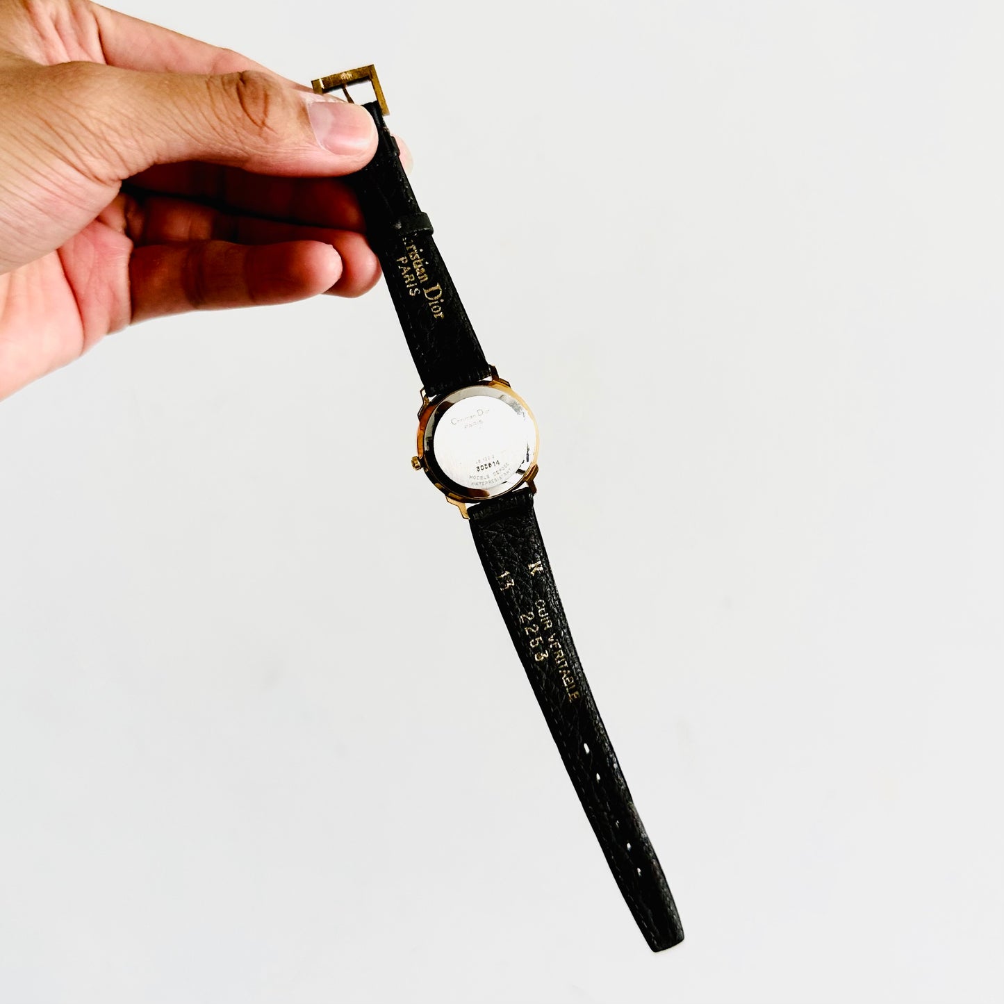 Christian Dior CD White GHW Round Dial Stainless Steel Black Leather Strap 24MM Watch