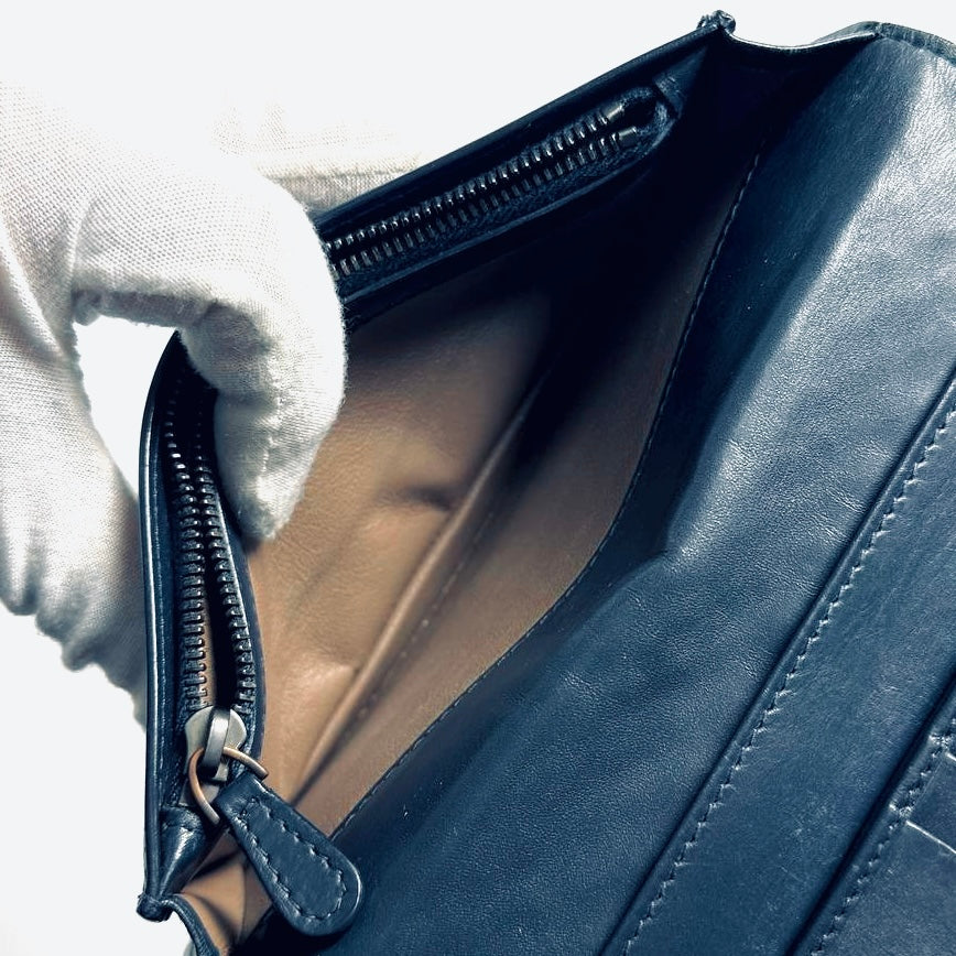 Bottega Veneta BV Navy Blue Intrecciato Nappa Woven Leather Long Flap Bifold Wallet