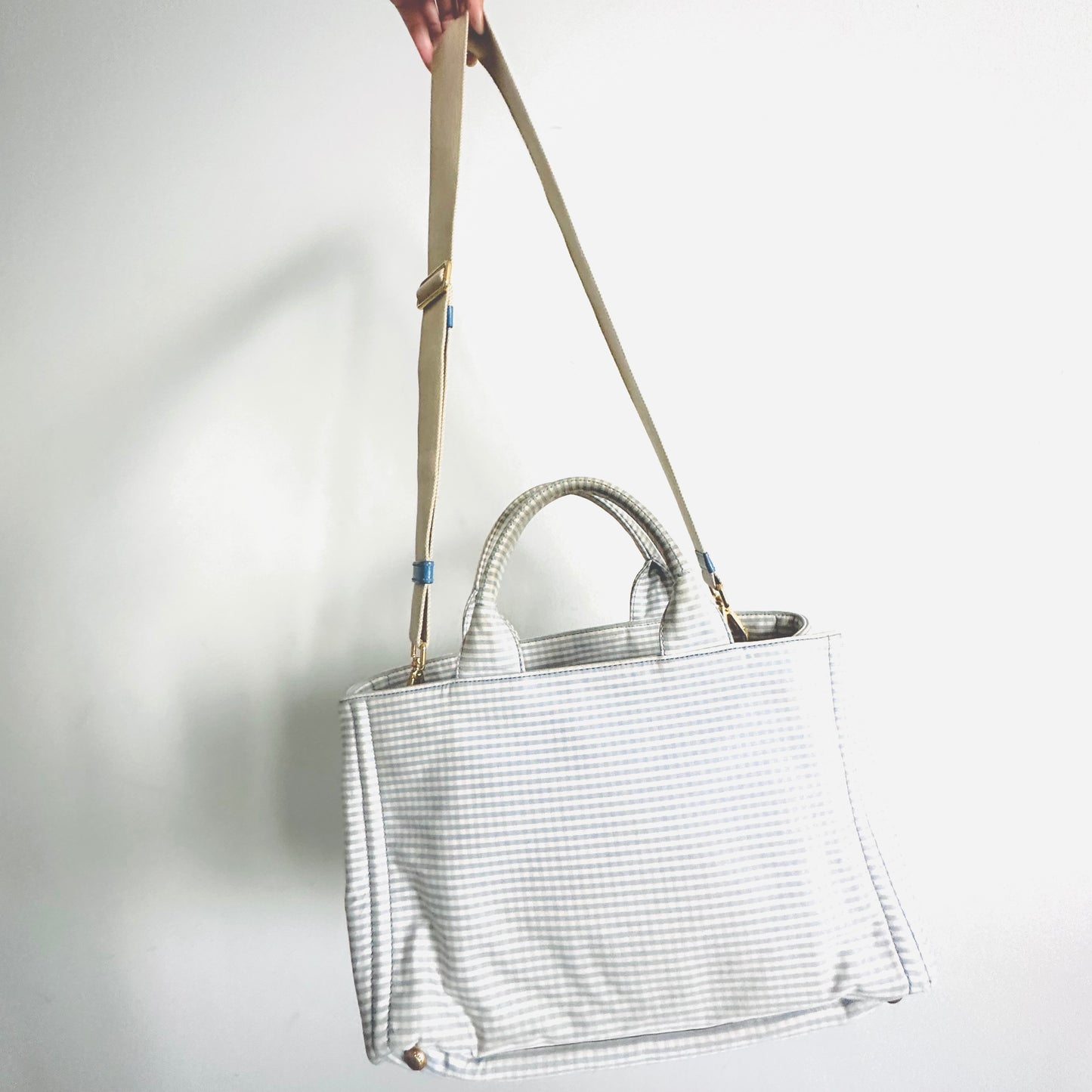 Prada Blue / White Gingham GHW Canapa Classic Logo Tessuto Structured 2-Way Shopper Shoulder Sling Tote Bag
