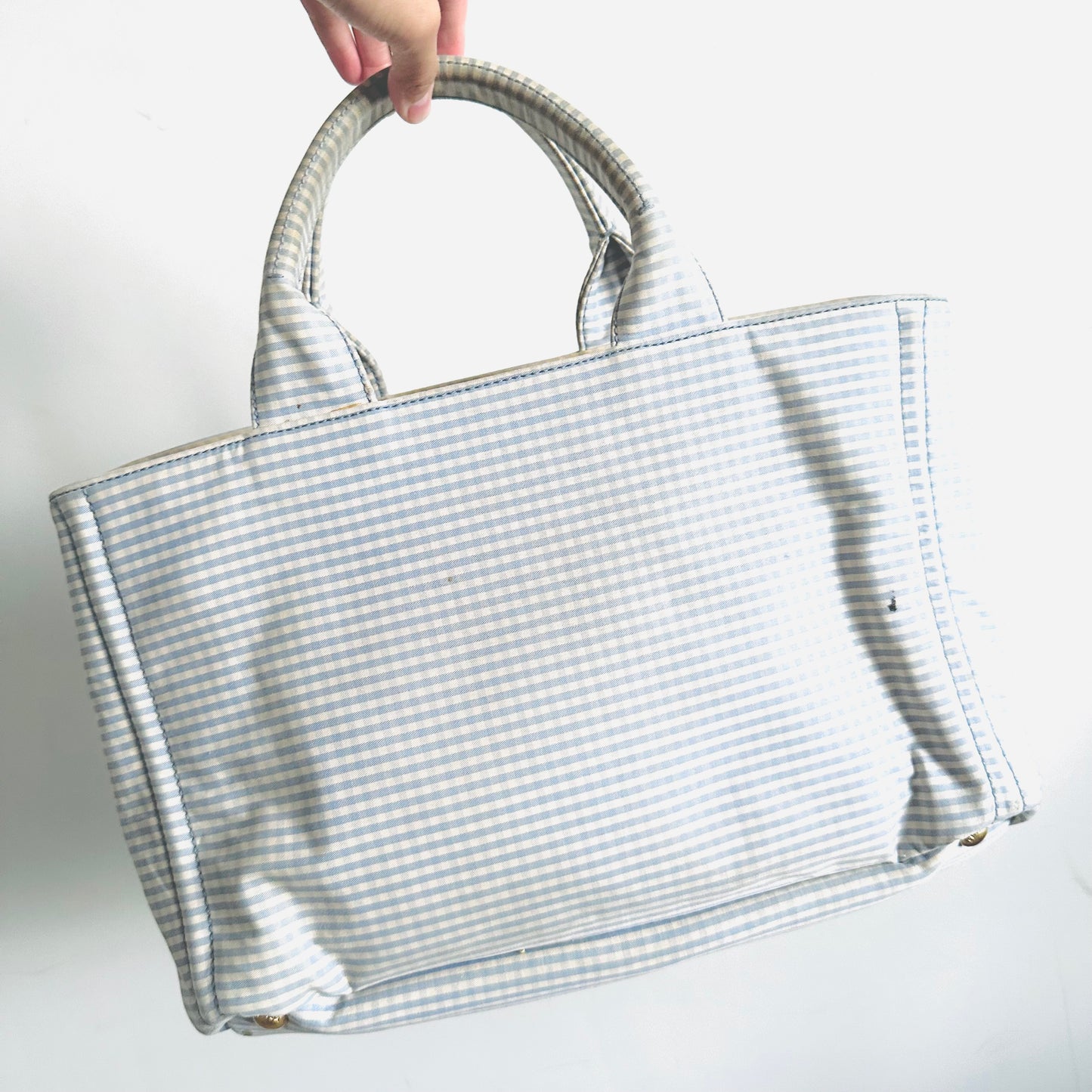 Prada Blue / White Gingham GHW Canapa Classic Logo Tessuto Structured 2-Way Shopper Shoulder Sling Tote Bag